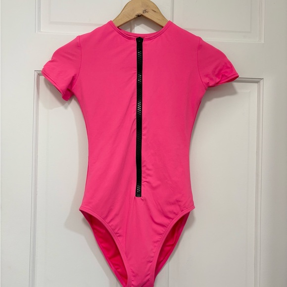 NWT Michael Kors Girls One Piece Swimsuit Hot Pink/Black Neon Full Zip Size 4 - Picture 1 of 7